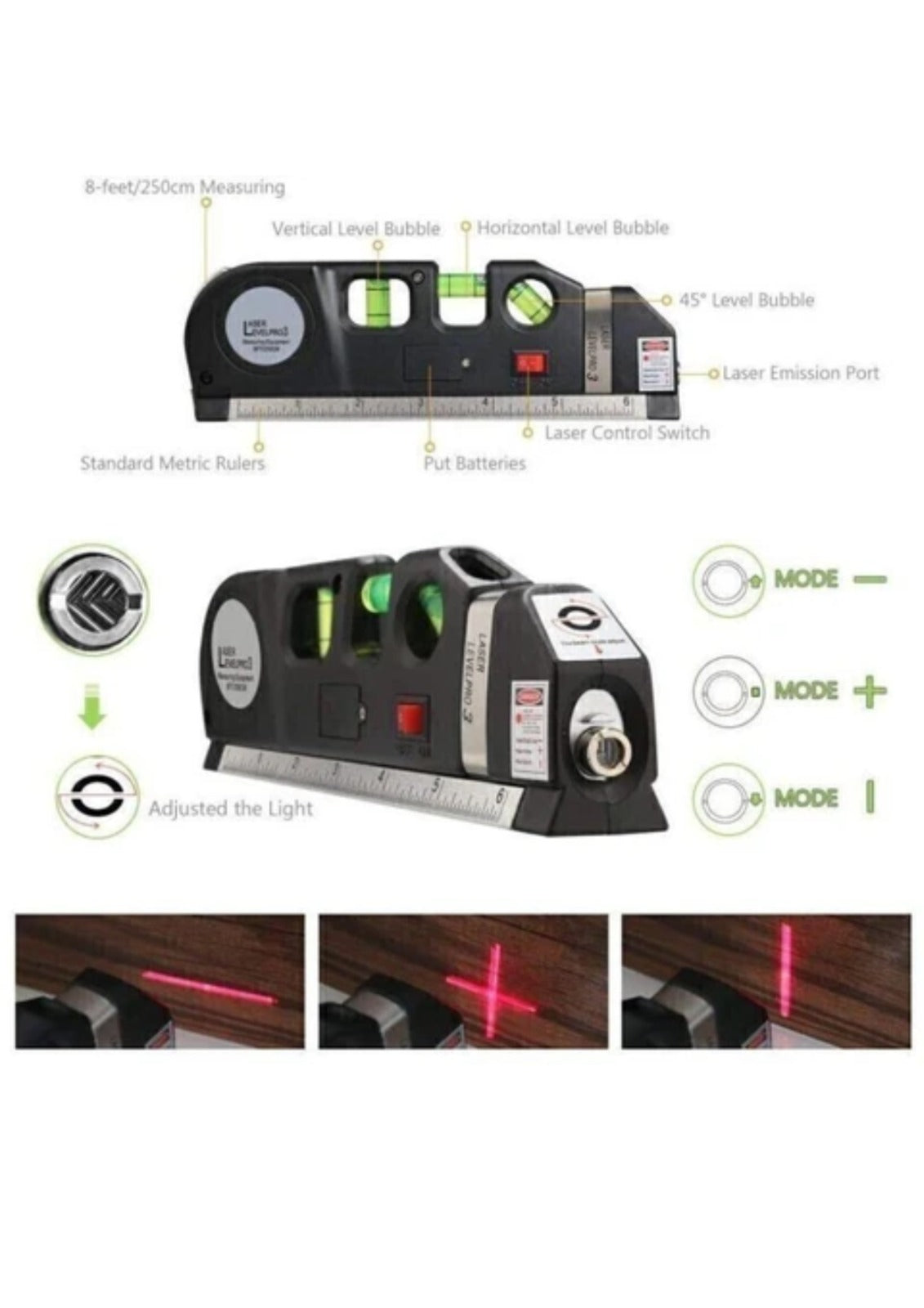 3-in-1 Laser Level Pro with Built-in Laser, Bubble Level & 8ft Measuring Tape